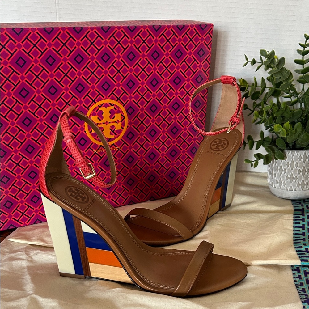 Tory Burch Brown and Colorful Wedge Sandals